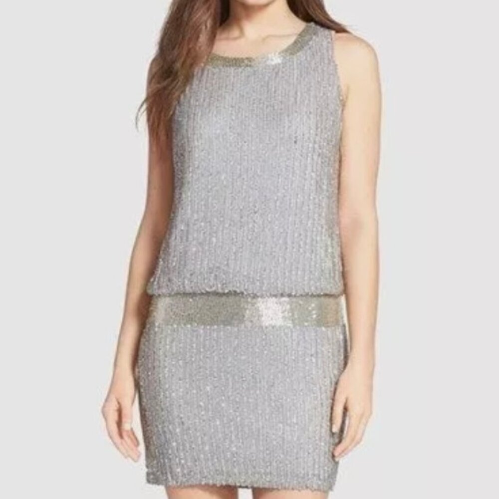 Adrianna Papell Size 4 Formal Silver Sequined & Beaded Blouson Tank Dress